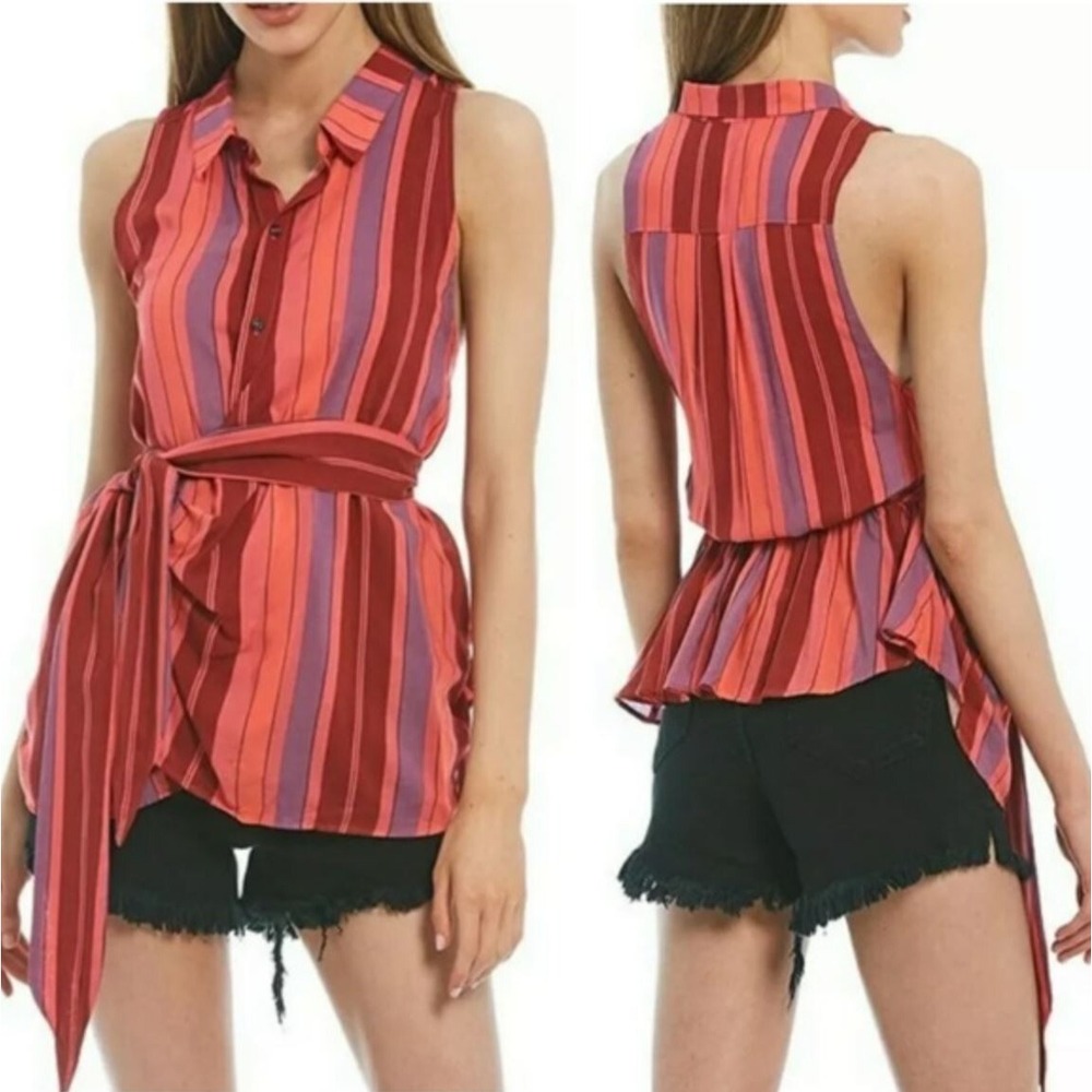 Free People women top blouse shirt OB1314283 red viscose striped sz S $78